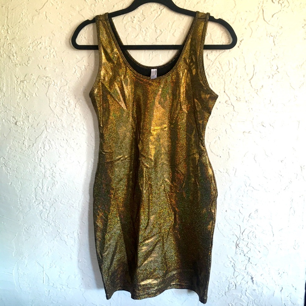 Vintage American Apparel Gold Holographic Rainbow Spandex Bodycon Mini Dress M